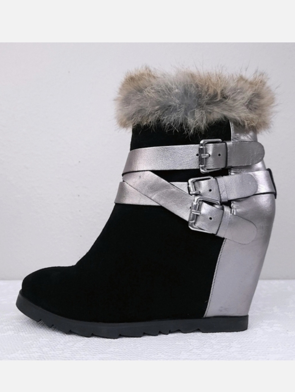 UKIES Heeled Buckle Booties Rabbit Fur Trim Hidden Wedge Ankle Boots